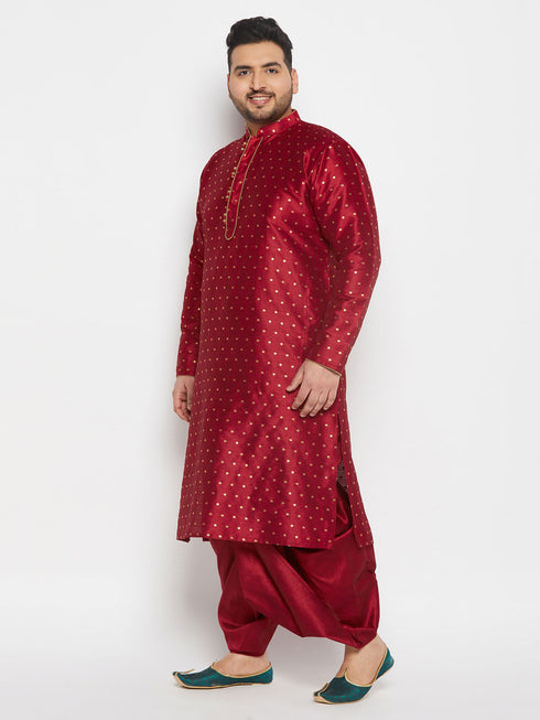 Vastramay Men's Plus Size Maroon Zari Weaved Kurta Dhoti Set